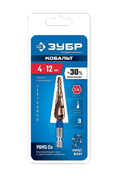 ЗУБР КОБАЛЬТ 4-12мм, 9 ступеней, винтовая проточка, сверло ступенчатое, серия Профессионал(29674-4-12-9)