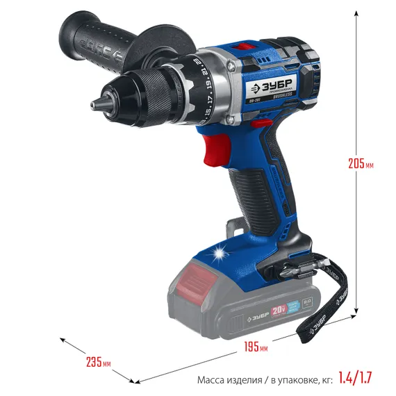 Бесщеточная дрель-шуруповерт, ЗУБР Т7, 20 В, 70 Н·м, без АКБ, Профессионал (DB-201)