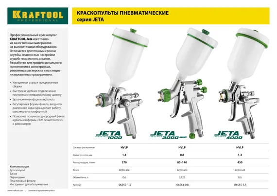 KRAFTOOL JETA 4000, HVLP, 1.3 мм, пневматический краскопульт с верхним бачком (06555-1.3)