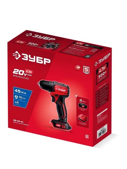 Бесщеточная дрель-шуруповерт, ЗУБР 20 В, 45 Н·м, 1 АКБ LMS (2 А·ч), (ДБ-45-21)