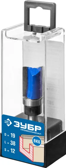 ЗУБР 19 x 38 мм, хвостовик 12 мм, фреза пазовая прямая с верхним подшипником. , Профессионал (28756-19-38-12)