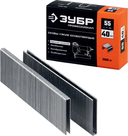 ЗУБР скобы тип 55 (90/C), 40 мм, калибр 18GA. 2500 шт. Профессионал (31855-40)