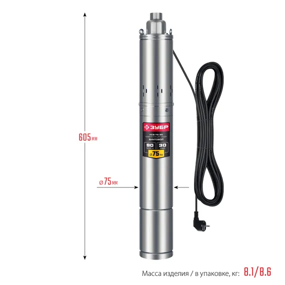 ЗУБР 550 Вт, 90 м напор, скважинный насос винтовой, корпус из нержавеющей стали (НСВ-75-90)