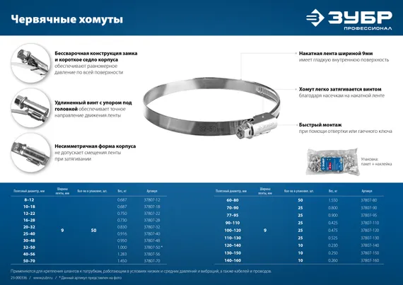 ЗУБР Х-9Н, 120 - 140 мм, накатная лента 9 мм, цинк, 10 шт, червячный хомут (37807-140)
