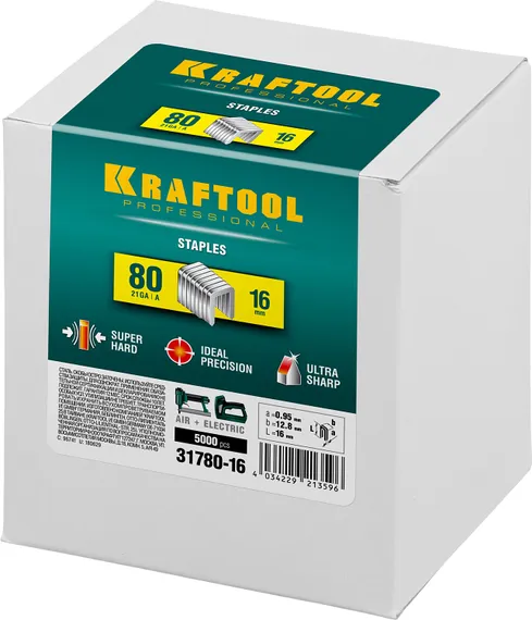 KRAFTOOL скобы тип 80 (BeA/Prebena A/Senco AT), 16 мм, калибр 21GA. 5000 шт (31780-16)