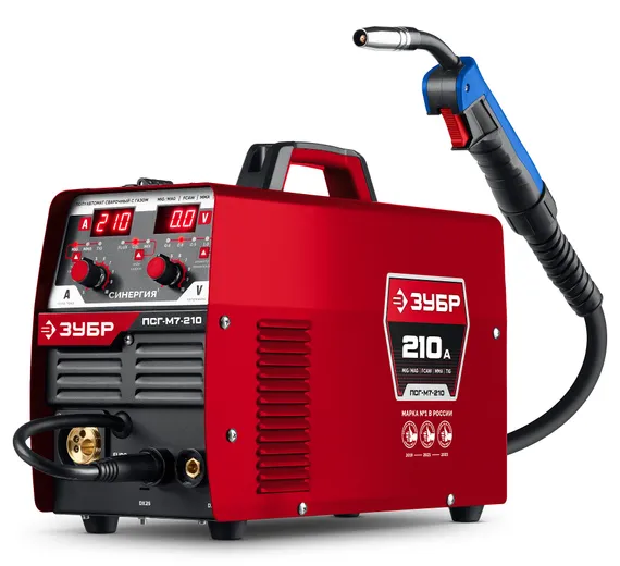 ЗУБР СИНЕРГИЯ, MIG / MAG, FCAW, MMA, TIG, 210 А, полуавтомат сварочный, с газом / без газа, горелка ПСГ-220 (ПСГ-М7-210)