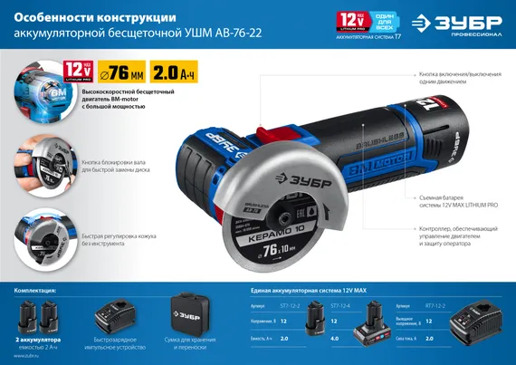 Аккумуляторная бесщеточная УШМ, ЗУБР 12 В, d76 мм, 2 АКБ тип Т7 (2 А·ч), сумка, Профессионал (AB-76-22)