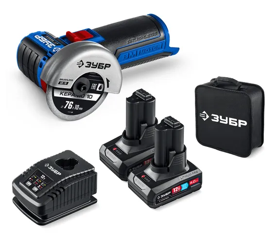 Аккумуляторная бесщеточная УШМ, ЗУБР 12 В, D76 мм, 2 АКБ тип Т7 (4 А·ч), сумка, Профессионал (AB-76-42)