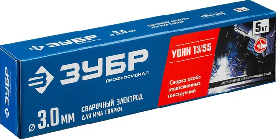 ЗУБР Д 3.0 х 350 мм, 5 кг в коробке, УОНИ 13/55 с основным покрытием, электрод сварочный, Профессионал (40025-3.0)