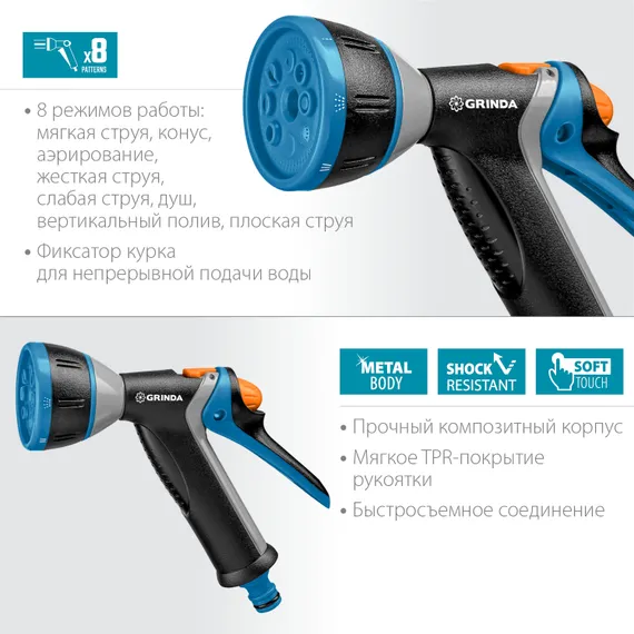 GRINDA BM-8, 8 режимов, курок сзади, металлический с TPR, поливочный пистолет, PROLine (8-427339)