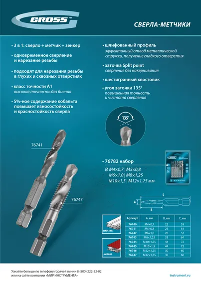 Сверло-метчик М8 х 1,25 мм, Co5%// Gross