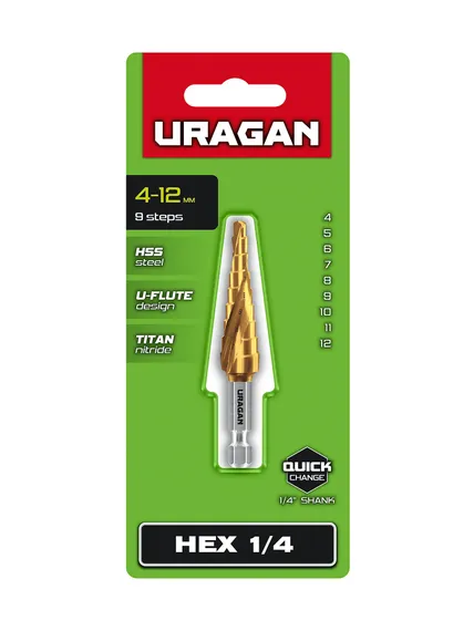 URAGAN 4-12мм, 9 ступеней, винтовая спираль, сверло ступенчатое(29658-4-12-9)
