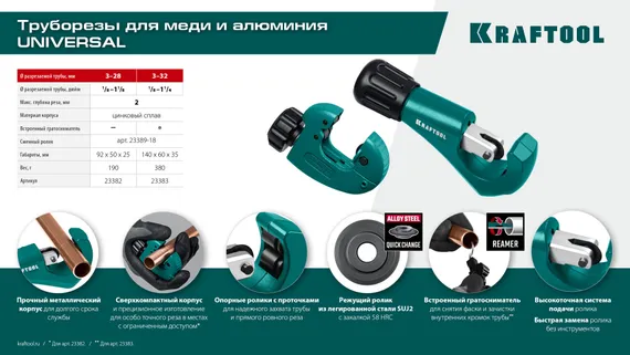 KRAFTOOL Universal-28, 3 - 28 мм, труборез для меди и алюминия (23382)