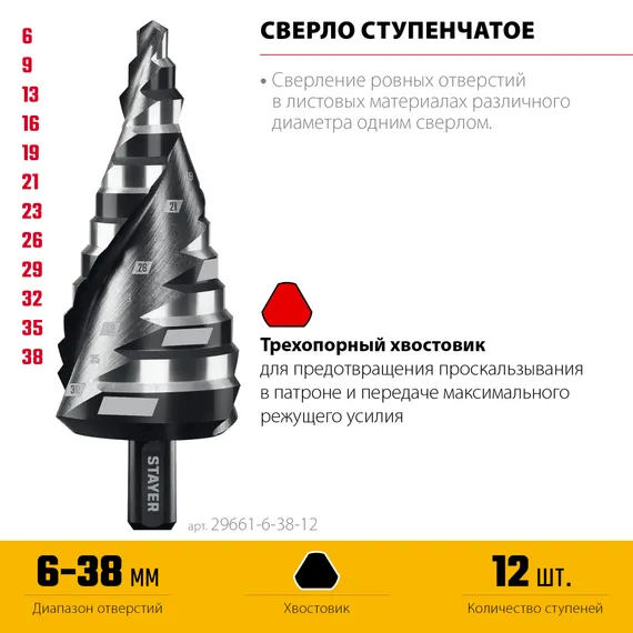 STAYER Pro-Max 6-38мм, 12 ступеней, винтовая спираль, сверло ступенчатое (29661-6-38-12)