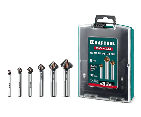 KRAFTOOL EXTREME Со5-А, 6 шт (6.3, 8.3, 10.4, 12.4, 16.5, 20.5 мм), Z3, 90°, сталь M35, U-образная спираль, набор зенковок (29734-H6)