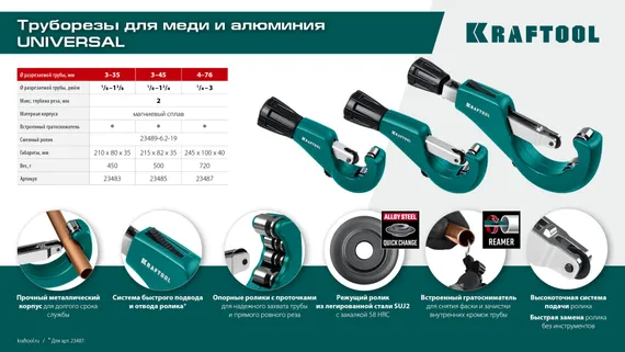 KRAFTOOL Universal-45, 3 - 45 мм, труборез для меди и алюминия (23485)