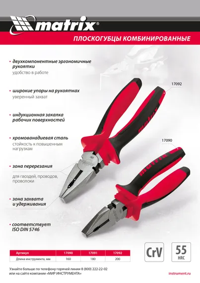 Плоскогубцы комбинированные, 180 мм, хром-ванадий, двухкомпонентные рукоятки Matrix