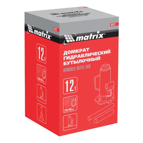 Домкрат гидравлический бутылочный, 12 т, высота подъема 230-465 мм Matrix
