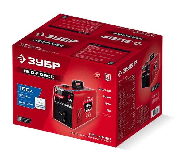 ЗУБР RED FORCE, MIG / MAG, FCAW, MMA, TIG, 160 А, полуавтомат сварочный, с газом / без газа, горелка ПСГ-180 (ПСГ-М5-160)