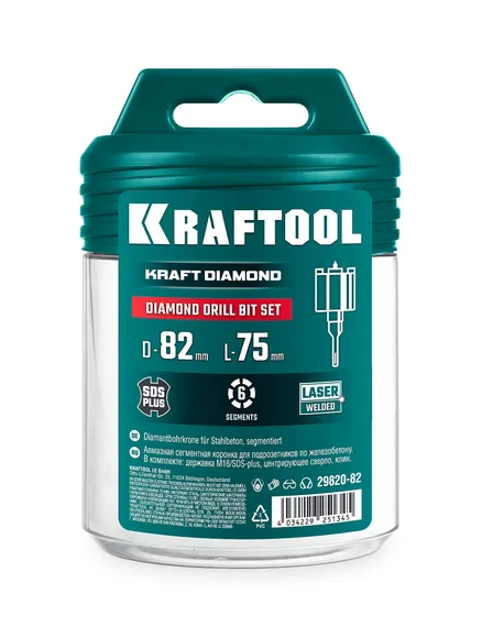 KRAFTOOL DIAMOND d 82 мм (М16, рабочая глубина 75 мм, лазерная сварка), Алмазная Коронка для подрозетников (29820-82)