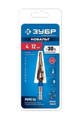 ЗУБР КОБАЛЬТ 4-12мм, 9 ступеней, винтовая проточка, сверло ступенчатое, серия Профессионал(29674-4-12-9)