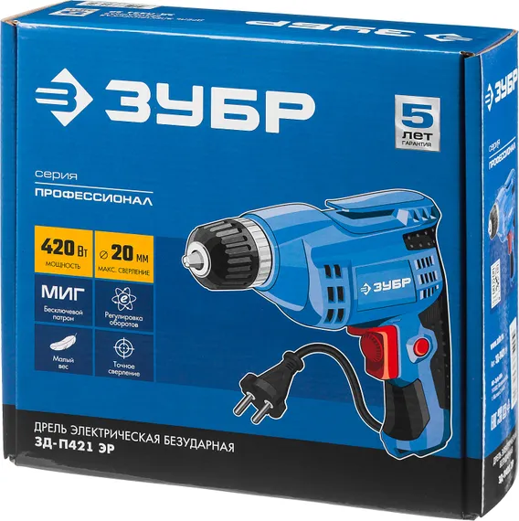 Безударная дрель, ЗУБР 420 Вт, 10 мм БЗП, Профессионал (ЗД-П421 ЭР)