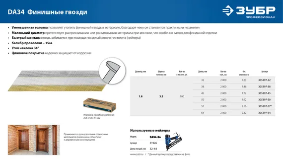 ЗУБР DA34 45 х 1.8 мм, финишные гвозди, калибр 15GA, 2000 шт (305397-45)