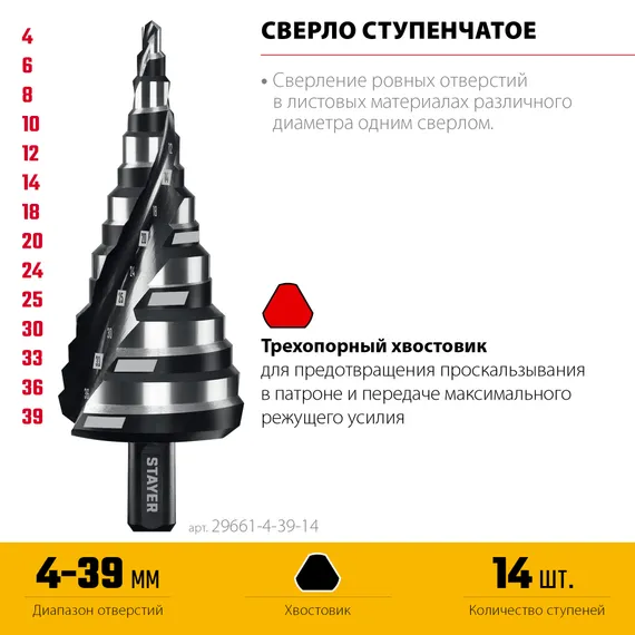 STAYER Pro-Max 4-39мм, 14 ступеней, винтовая спираль, сверло ступенчатое (29661-4-39-14)