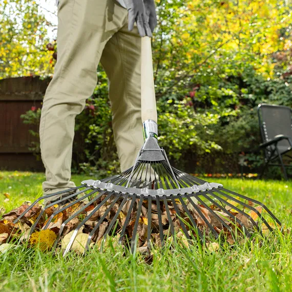 Грабли веерные стальные, 385 мм, 20 плоских зубьев, оксидированные, без черенка, Сибртех