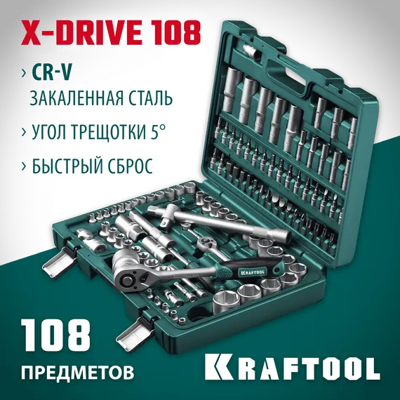 KRAFTOOL X-Drive 108, 108 предм., (1/2″+3/8″+1/4″), универсальный набор инструмента (27888-H108)