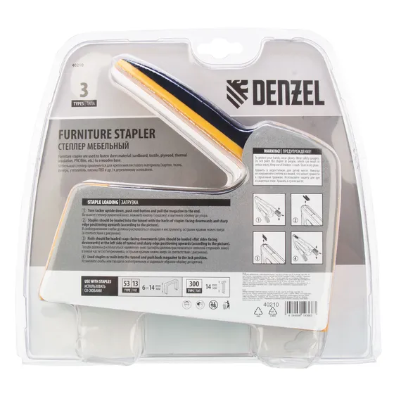 Степлер мебельный, пластиковый корпус, тип скобы: 13, 53, 300, 6-14 мм, Denzel