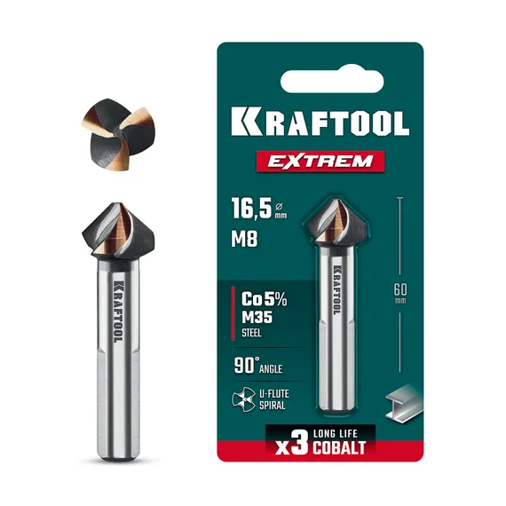 KRAFTOOL EXTREME Со5-А, d 16.5х10х60 мм, Z3, 90°, сталь M35, U-образная спираль, зенковка (29734-8)