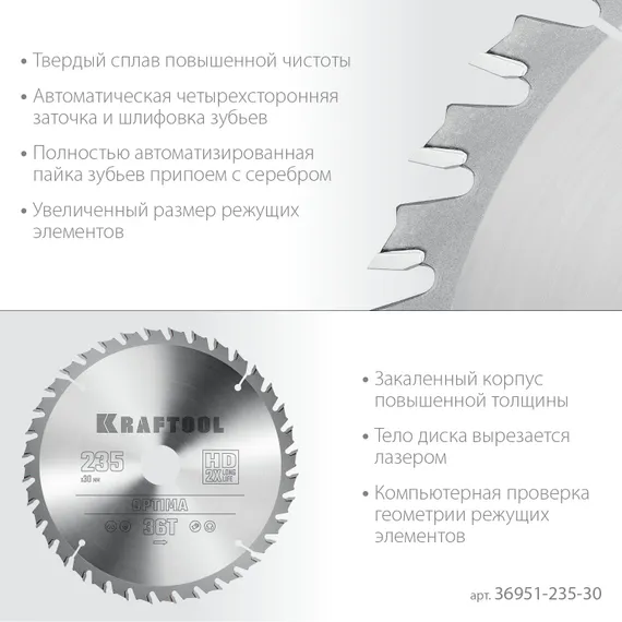 KRAFTOOL Optima, 235 х 30 мм, 36Т, пильный диск по дереву (36951-235-30)