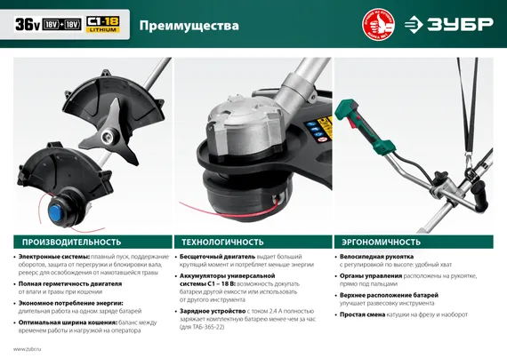 Триммер аккумуляторный садовый, бесщеточный, ЗУБР С1-18, 36 В, 35/25.5 см, без АКБ, (ТАБ-365)