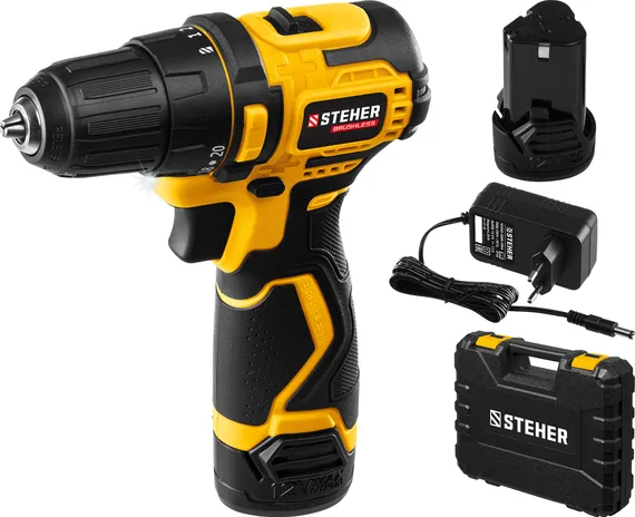 Бесщеточная дрель-шуруповерт, STEHER 12 В, 35 Н·м, 2 АКБ (2 А·ч), кейс (CDB-120-2)