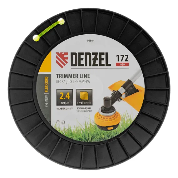 Леска для триммера зубчатый квадрат, 2,4мм х 172м, на DIN катушке FLEX CORD Denzel