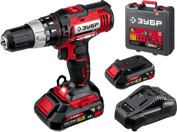 Ударная дрель-шуруповерт, ЗУБР С1-18, 18 В, 40 Н·м, 2 АКБ (2 А·ч), кейс (ДШУ-185-22)
