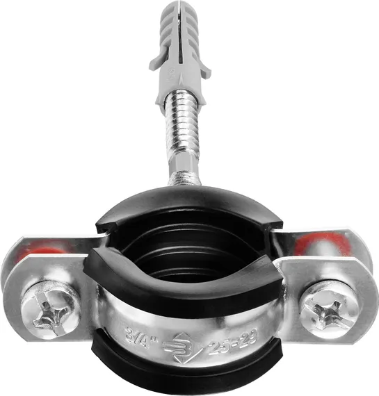 ЗУБР 3/4″, цинк, 1 шт, трубный хомут с сантехнической шпилькой и дюбелем (37866-25-29)