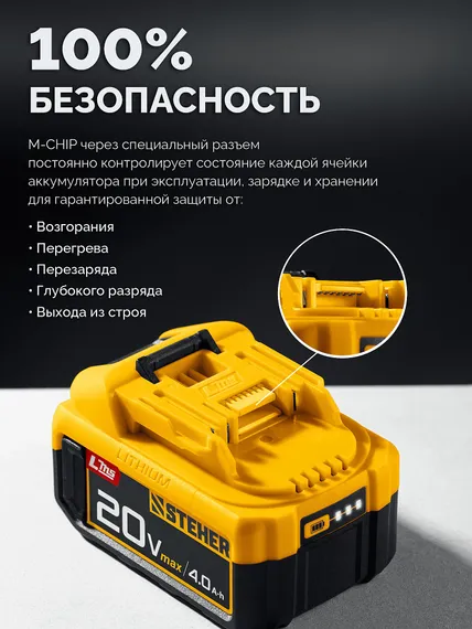 Бесщеточный ударный гайковерт, STEHER 20 В, 1000 Н·м, 1 АКБ LMS (4 А·ч), сумка (CWB-1000-41)