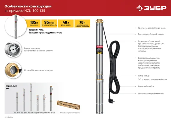 Скважинный центробежный насос ЗУБР 900 Вт, 60 м напор, (НСЦ-100-60)