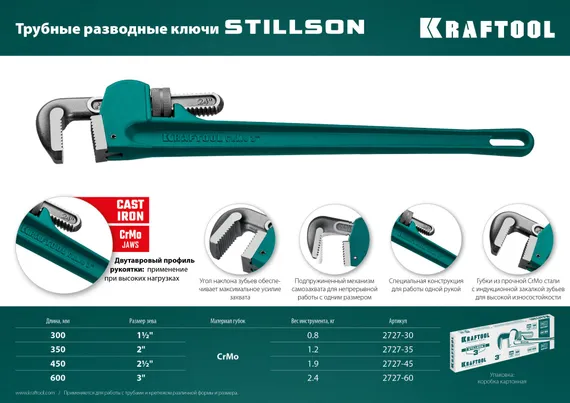KRAFTOOL STILLSON, 2″, 350 мм, трубный разводной ключ (2727-35)