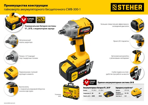Бесщеточный гайковерт, STEHER V1, 20 В, 300 Н·м, 1 АКБ (4 А·ч), кейс (CWB-300-1)