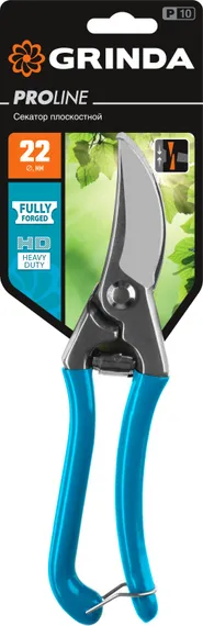 GRINDA P-10, 210 мм, цельнокованые лезвия, стальные рукоятки, покрытие ПВХ, плоскостной секатор, PROLine (423410)