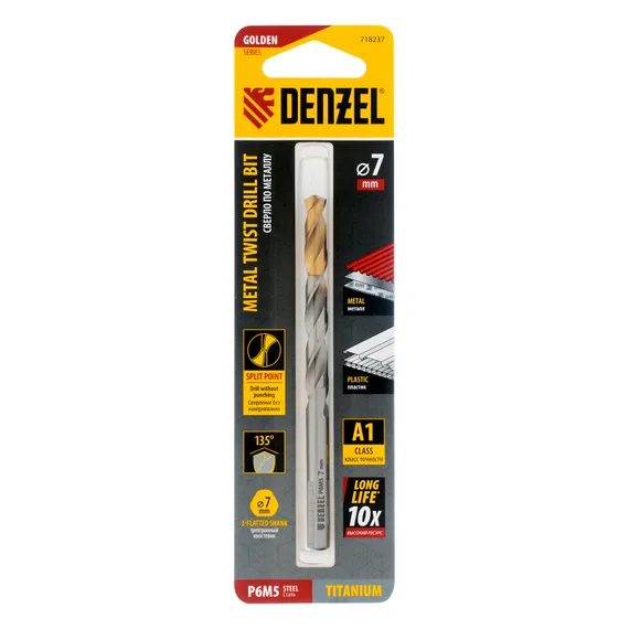 Сверло спиральное по металлу 7,0 x 109 мм, Р6М5, Golden Tip  Denzel