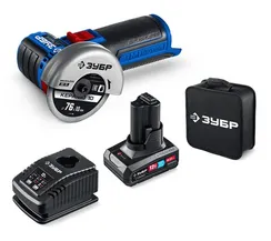 Аккумуляторная бесщеточная УШМ, ЗУБР 12 В, D76 мм, 1 АКБ тип Т7 (4 А·ч),сумка, Профессионал (AB-76-41)