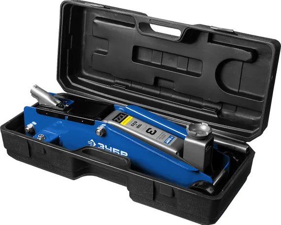 ЗУБР Т-77, 3 т, 192 - 533 мм, подкатной домкрат с высоким подъемом в кейсе, Профессионал (43055-3-K)