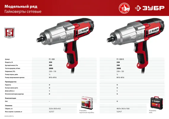 ЗУБР 300 Н·м, 350 Вт, кейс, ударный гайковерт (ГС-300 К)