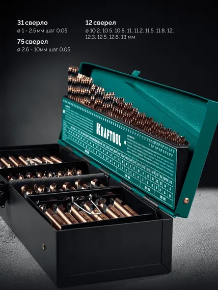 KRAFTOOL Cobalt, 118 шт, (1-13 мм), сталь М42, HSS-Co(8%), набор сверл по металлу (29656-H118)