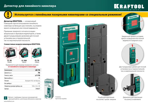 KRAFTOOL LR 70, детектор для линейного нивелира (34607)