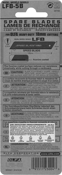 OLFA 18 мм, 5 шт, в пластиковом кейсе + блистер, тефлоновые сегментированые лезвия (OL-LFB-5B)